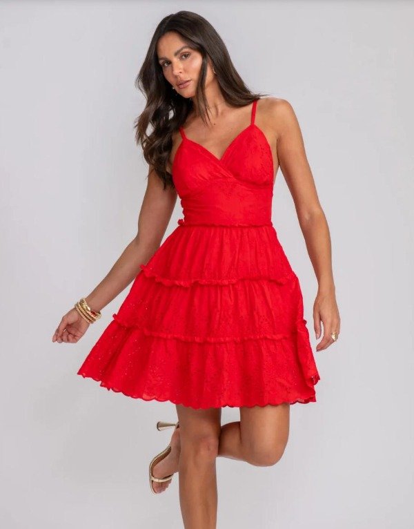 Producto - Vestido corto bretel regulable con coletas para atar broderie Rojo 90br70