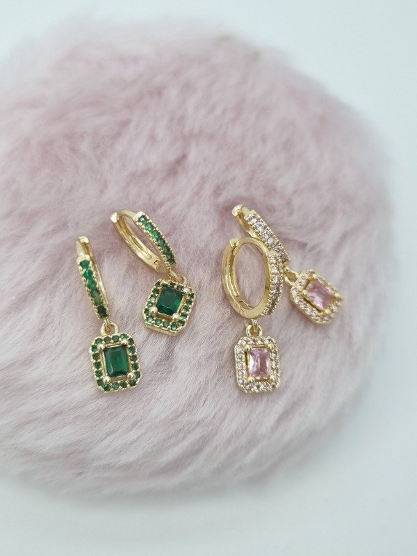 Producto - Aros acero dorado argollita strass colgante corazon/gota/cuad swarovski borde