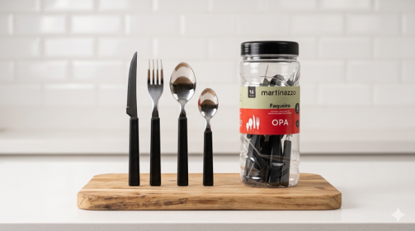 Producto - Juego De 16 Cubiertos Martinazzo Opa Negro Set Con Pote Cilíndrico