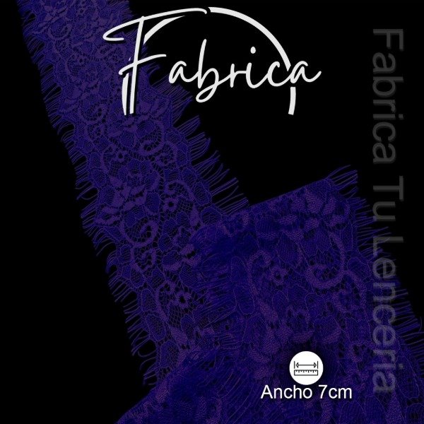 Producto - PS240 Puntilla Azul Violáceo angosta rígida pelitos. Medida: 7cm (por metro)