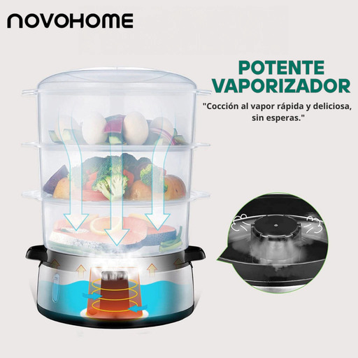 Producto - Vaporera -3 recipientes -9 ltrs -800 W -temporizador -Novohome (NH-VP300) - 1