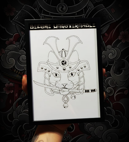 Producto - CUADRITO DE PARED - GATITO SAMURAII - CHIMOKATATTOO