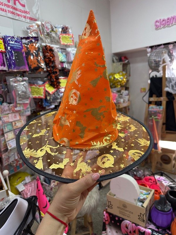 Producto - Gorro bruja naranja y dorado Halloween