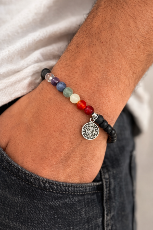 Producto - Pulsera elástica 7 chakras, onix negro y San Benito