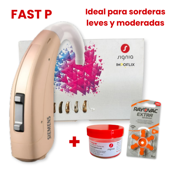 Producto - Audífono Siemens Signia Fast P 80 dB + Deshumidificador + Blister pilas
