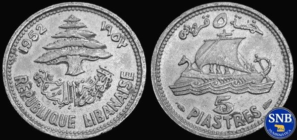 Producto - Líbano - 5 Piastras (1952) KM #14 [XF] - Periodo del Pacto Nacional