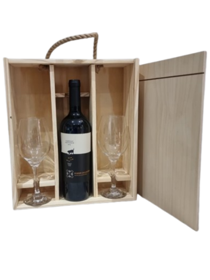 Producto - Caja madera N 3, con 2 copas transparentes incluidas (sin botella)