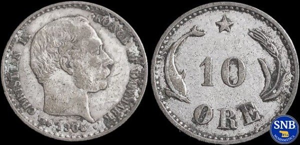 Producto - Reino de Dinamarca - 10 Ore (1905) Plata KM #795.2 [VF]