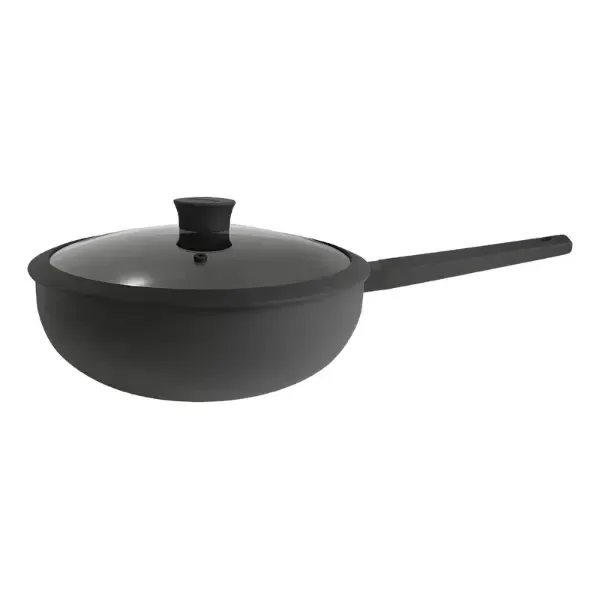 Producto - Wok de Aluminio con Mango y Tapa de Cristal - 28 cm Color Negro