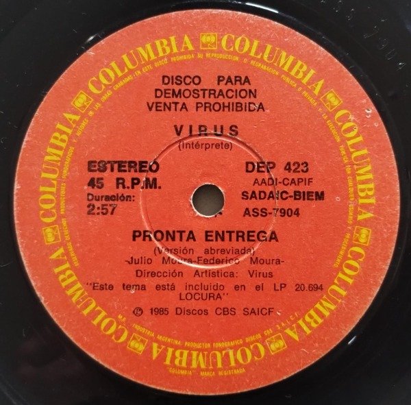 Producto - VIRUS Pronta Entrega + Sin Disfraz Simple 7 ARG 45 1985 Con Ruidos