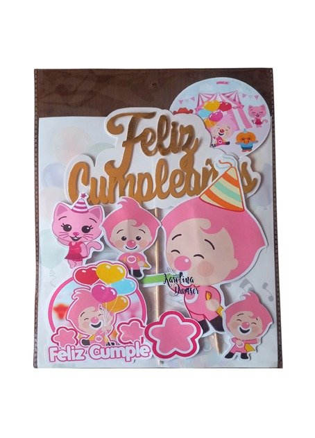 Producto - Cake Topper Adorno Payaso Plim Plim Rosa Feliz Cumpleaños. Set x 8