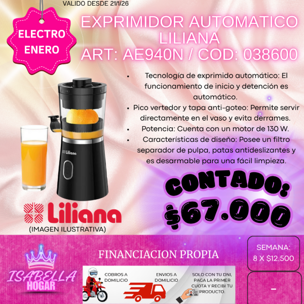 Producto - EXPRIMIDOR AUTOMATICO LILIANA ART: AE940N / COD: 038600