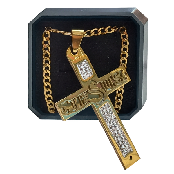 Producto - PROMO Dije Cruz XL Strass Con Cadena De Acero En Estuche (PACK X2 UNIDADES)