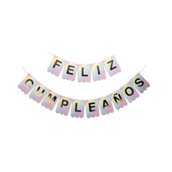 Producto - Banderin FELIZ CUMPLEAÑOS tematica iridiscente con stamping dorado