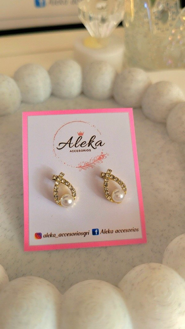 Producto - Aros perla con strass de acero dorado - 3