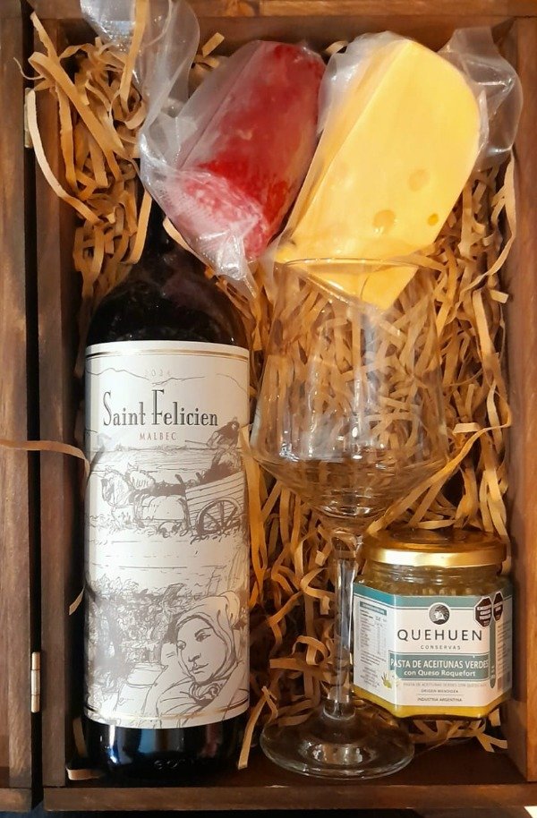 Producto - Box De Regalo Empresarial - Vino Copa Y Picada - Box Madera