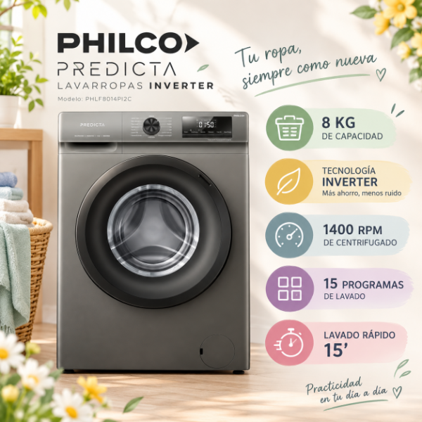 Producto - LAVARROPA PHILCO PREDICTA INVERTER - PLATA -PHLF8014PI2