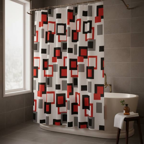 Producto - Cortina para Baño de Raso Teflonada Estampada + Ganchos "Cuadros"