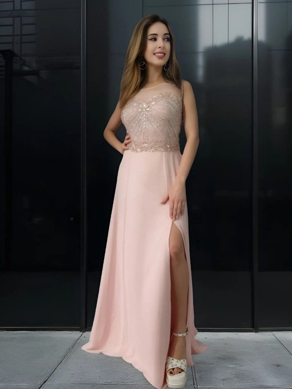 Producto - Vestido largo Elegante con pedrería Rosa suave