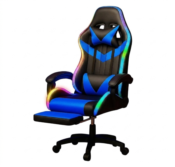 Producto - Silla Gamer Profesional RGB con Luces LED y Apoyapiés - Negro/Azul/Rojo