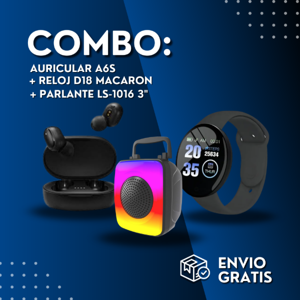 Producto - AURICULARES A6S + RELOJ SMART D18 MACARON + PARLANTE LS-1016