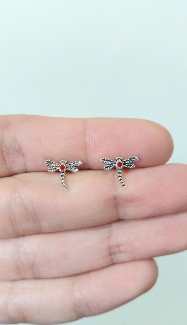 Producto - Aros de Plata Libélula con Esmalte Rojo (por par)