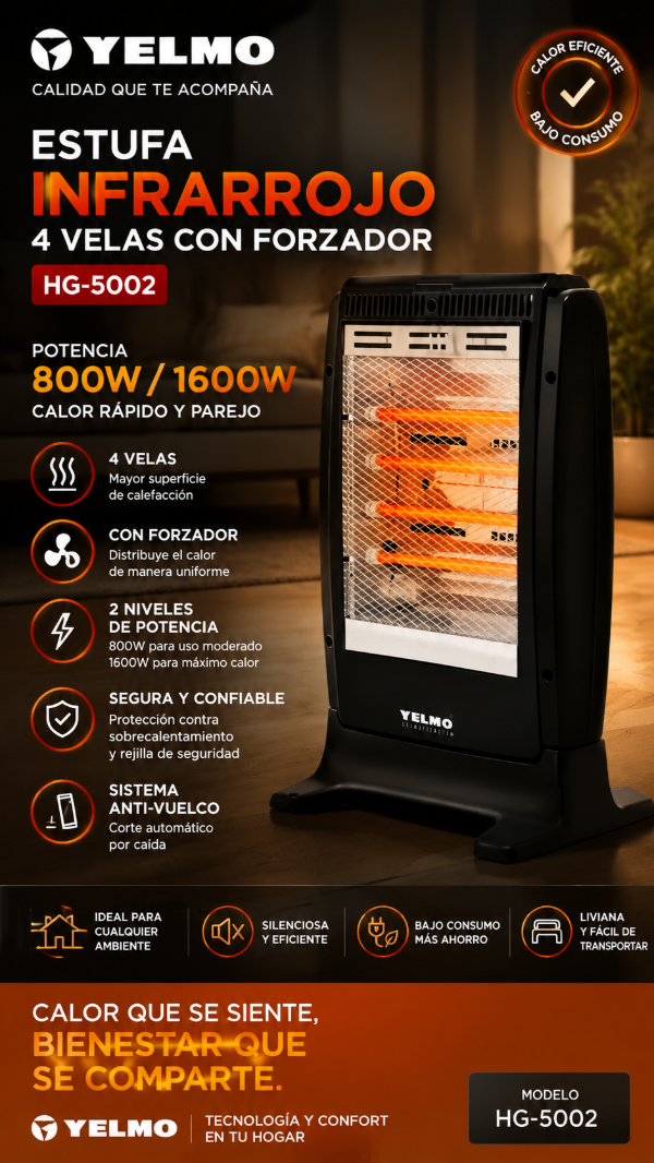Producto - ESTUFA INFRARROJO YELMO 4 VELAS 800W/1600W CON FORZADOR HG-5002