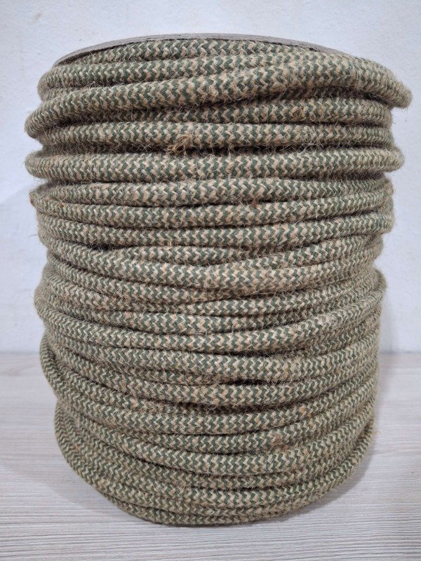 Producto - Cordón de yute y algodón zigzag 6mm VERDE MILITAR Y YUTE