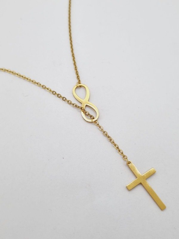 Producto - Cadena acero dorado fina dije cruzado infinito dije cruz