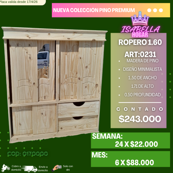 Producto - ROPERO DE PINO DE 1.60 CON ESPEJO COD:0170000