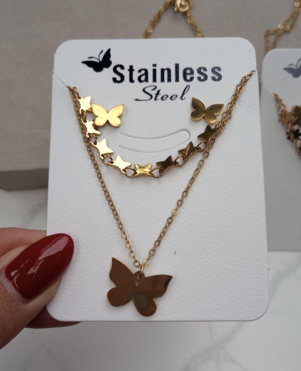 Producto - Collar doble + Aros Dorados - Mariposas