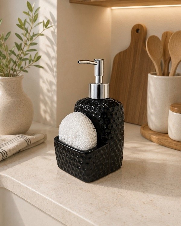 Producto - DISPENSER CON ESPONJA NEGRO PUNTITOS