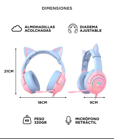 Producto - Auricular c/microfono -acolchados -gamer -3.5mm + usb -diseño de orejas De Gato - 5
