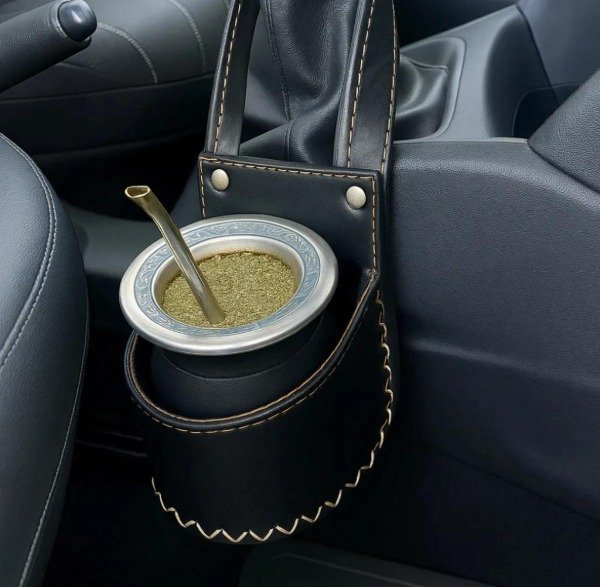 Producto - Porta Mate de Cuero Vacuno Negro Para Auto