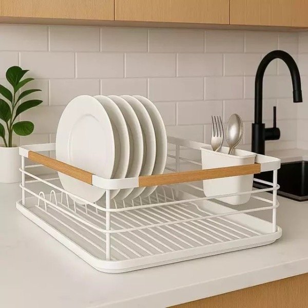Producto - Escurridor seca platos de metal blanco y bambú