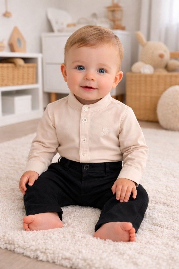 Producto - Body camisa de bebe mangas largas liso beige cuello mao