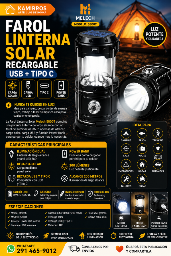 Producto - Farol Linterna Solar Recargable Led USB Tipo C Melech 5800T