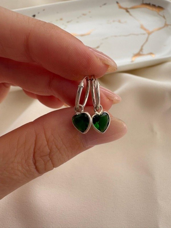 Producto - Aros corazon verde 9mm colgante 15mm - Plata 925