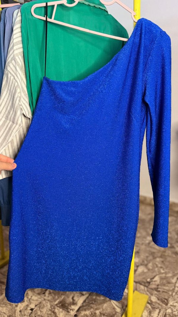 Producto - VESTIDO FIESTA AMÉ LUREX AZUL UNA MANGA