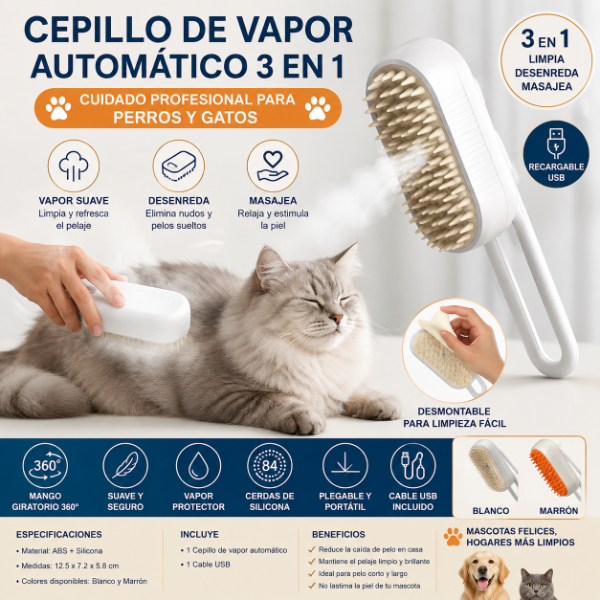 Producto - Cepillo Vapor Automático Para Gatos Perro Cepillo Mascotas Blanco