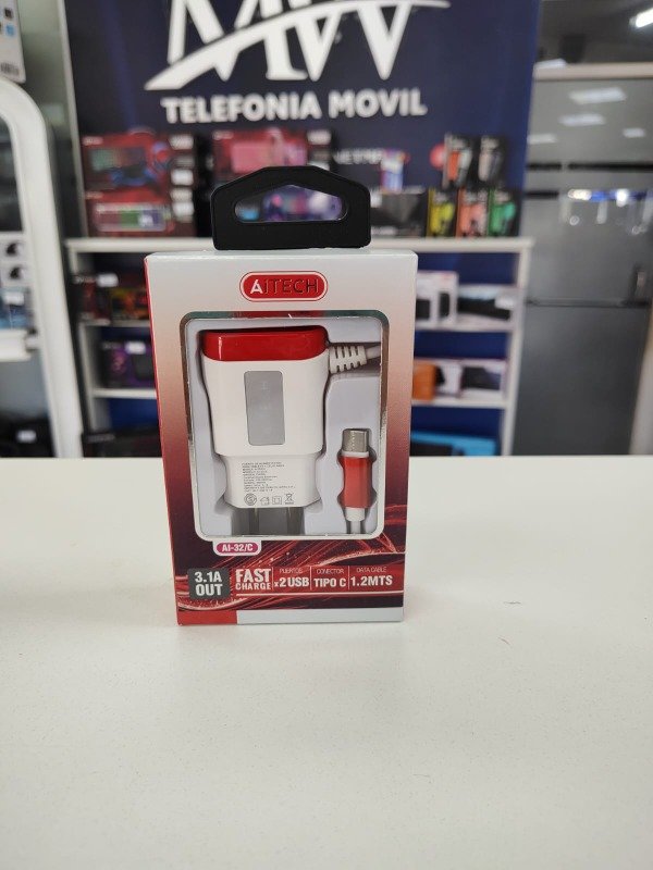 Producto - Cargador de Pared Aitech AI-32/C 3.1A Tipo C 1.2M 2 USB Fast Charge AICP050231N