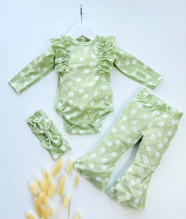 Producto - CONJUNTO ROMANTIC VERDE (VINCHA + BODY + PANTALÓN OXFORD)