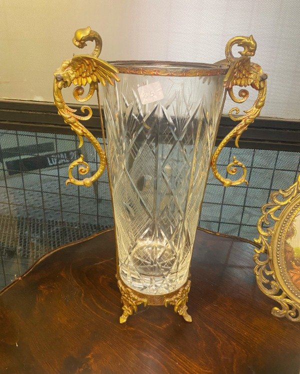 Producto - Florero Cristal Tallado Y Bronce 35cm