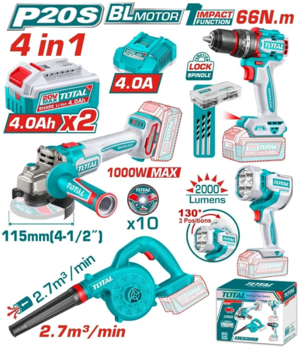 Producto - TALADRO PERCUTOR + AMOLADORA + SOPLADORA + LINTER 20V + 2BAT + CAR - TOTAL