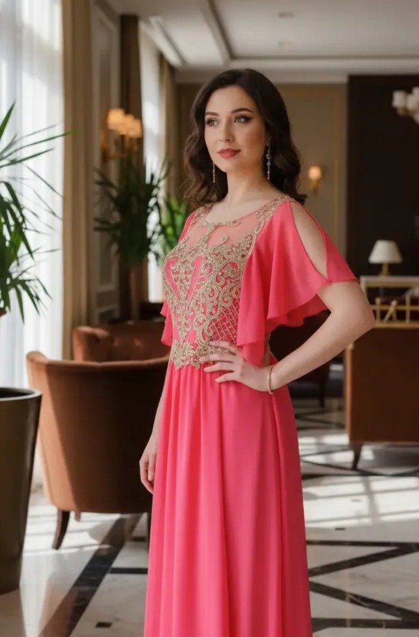 Vestido elegante con mangas coral pechera bordada