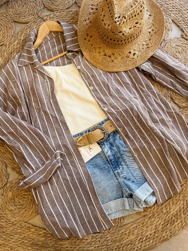 Producto - Camisa Rayada Lino chicolate
