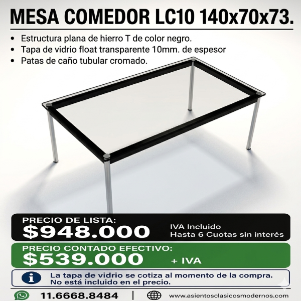 Producto - Mesa LC10 140x70x73, Patas Tubular Cromadas, Sin Vidrio!!