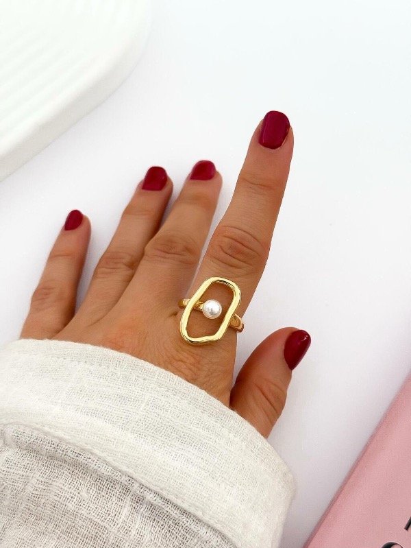 Producto - Anillo Regulable Óvalo con Perla Acero Dorado