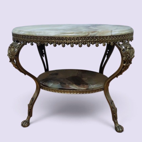 Producto - Mesa auxiliar ovalada de mármol y bronce ornamental - 0