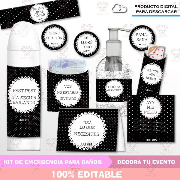 Producto - Kit Emergencia SOS para Baños Puntos Blanco y Negro Editable